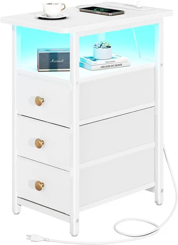 Miniatura 8 de Yoobure Mesa Auxiliar con Estación de Carga, Mesa Auxiliar Estrecha LED para Cama, Mesa Nocturna Pequeña para Sala de Estar, Mesita de Noche delgada