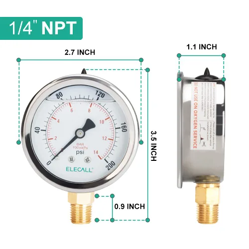 Miniatura 2 de Medidor de presión de 200psi con aceite de silicona para prueba de presión de agua, aceite y aire en bomba de piscina, filtro de arena, compresor