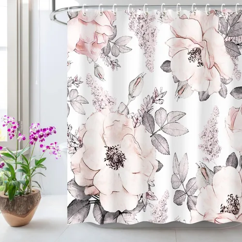 LIVILAN Cortina de ducha con flores rosas y grises, cortinas de ducha florales de acuarela con ganchos, tela blanca y gris, decoración de baño,