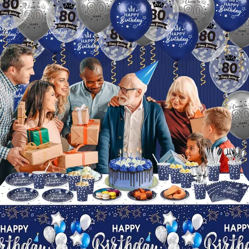 Miniatura 3 de Rumia Decoraciones de cumpleaños número 80, 131 piezas azul marino y plateado: pancarta, mantel, fondos de aluminio, globos, servilletas, vasos