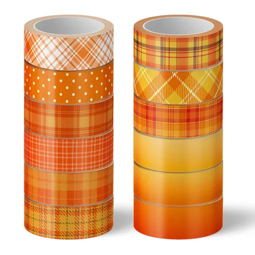 Whaline 12 rollos de cintas Washi de otoño a cuadros naranja rojo búfalo cinta decorativa de otoño de color sólido de lunares con patrón de cinta