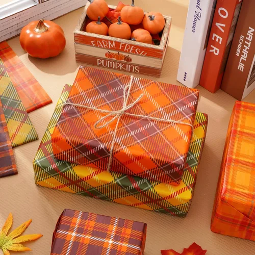 Miniatura 4 de Whaline 60 hojas de papel de seda a cuadros retro naranja marrón a cuadros decorativos para otoño, fiesta de Acción de Gracias, manualidades, 14 x