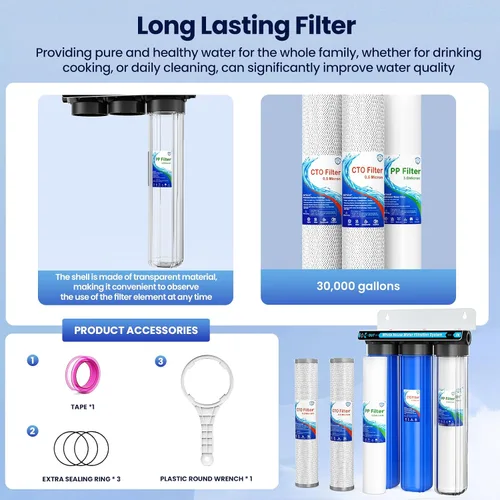 Miniatura 7 de Sistema de filtro de agua para toda la casa, sistema de filtración de agua de 3 etapas para toda la casa, entrada/salida de 3/4 pulgadas, reduce