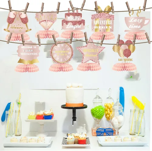 Miniatura 4 de 9 piezas de decoración de feliz jubilación, centros de mesa de nido de abeja, suministros de fiesta, oro rosa, rosa, aventura de jubilación, letrero