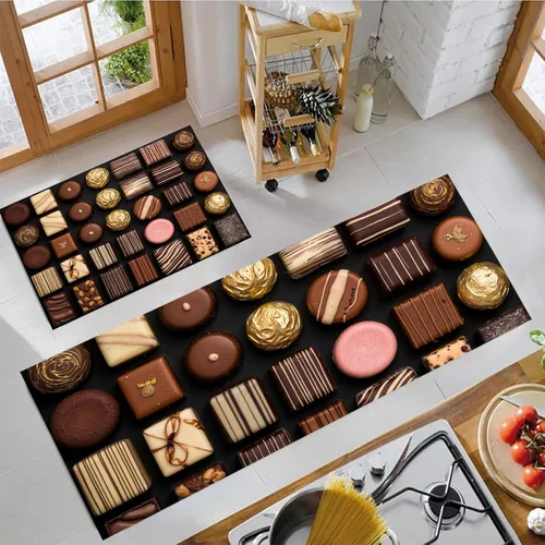 Miniatura 3 de 3D Chocolate Patchwork Kitchen Mat Set of 2 Pcs, Non Slip Kitchen Rug Brown, Retro Geometric Washable Absorbent Floor Mat Runner Rug, Cushioned