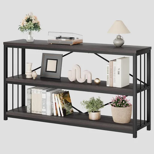 Miniatura 10 de LVB Mesa consola industrial, mesa de sofá de metal y madera, mesa de entrada rústica con almacenamiento, moderno estante de 3 niveles mesa larga
