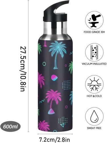 Miniatura 9 de Insulated Stainless Steel Water Bottle with Straw 20 Oz, Leakproof Water Bottles for Gym Outdoor Travel School, Tropical Palm Trees Neon