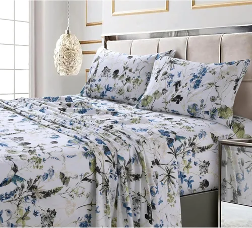 Miniatura 24 de Tribeca Living Colmar - juego de sábanas de algodón de 300 hilos, extra profundo, estampado, Algodón satén, Amalfi Azul/Multi, gemelo