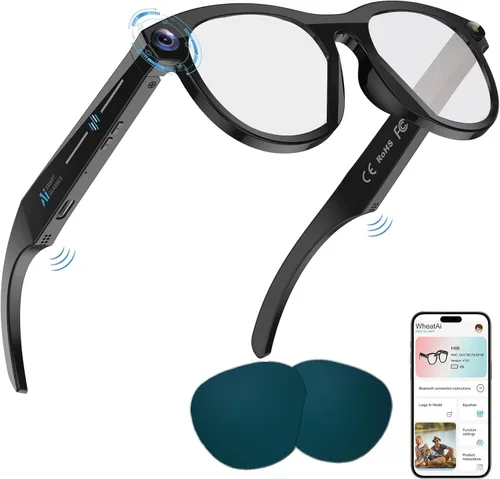 Gafas Inteligentes con Cámara, Gafas AI, Gafas Bluetooth, Lentes Reemplazables, Batería de 48H para Viajes, Conferencias y Vlogging. Traducción,