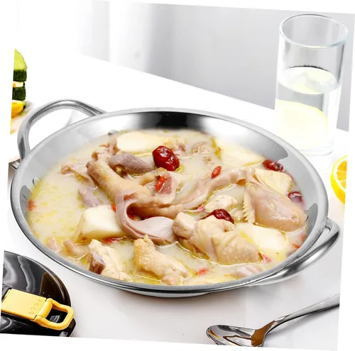 Miniatura 5 de Wok de fondo redondo de acero inoxidable con parte inferior plana para freír sartén de doble mango fácil de limpiar utensilios de cocina