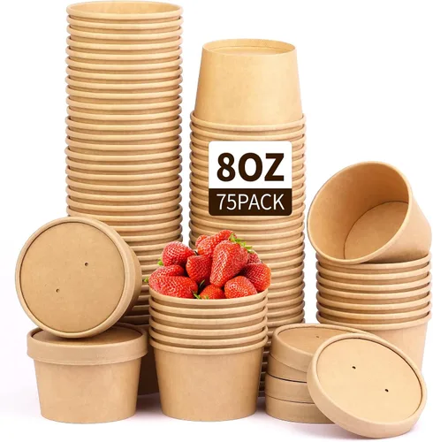 Miniatura 9 de Wuadua Paquete de 50 recipientes desechables de papel de 8 onzas con tapas, cuencos de sopa para llevar para fideos, ensalada, restaurante