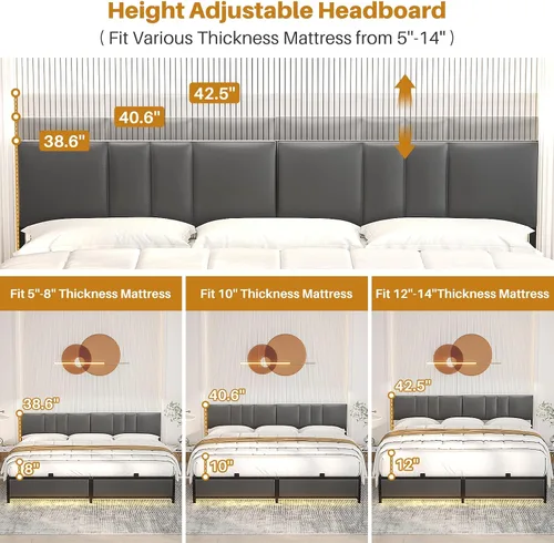 Miniatura 4 de Besiost Base de cama tamaño King con cabecera ajustable de 3 alturas, cama de plataforma tapizada de cuero con luz LED y estación de carga, soporte