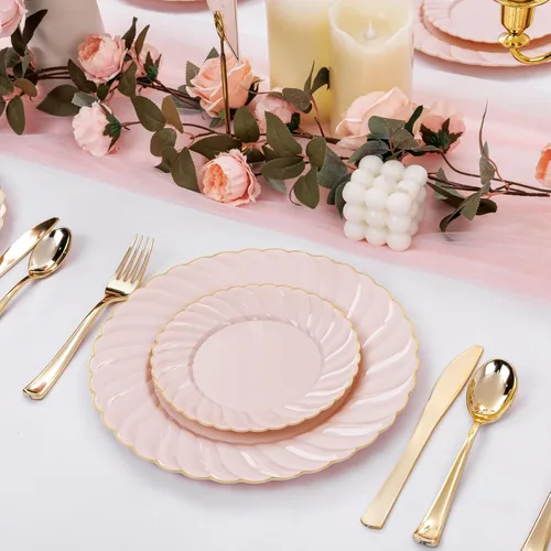 Miniatura 4 de YOUBET 125 platos de plástico rosa con borde dorado, juego de platos de plástico festoneados que incluye 25 cenas, 25 platos de postre, 75 cubiertos