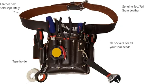Miniatura 5 de Bolsa de herramientas de cuero de grano completo de LAUTUS Para electricista/contratista, bolsa eléctrica 10 bolsillos 100% cuero marrón oscuro