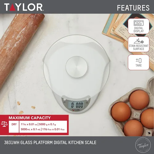 Miniatura 3 de Taylor Báscula digital de cocina con plataforma de vidrio, botón de tara y cuerpo de plástico que pesa hasta 11 libras de capacidad, color blanco