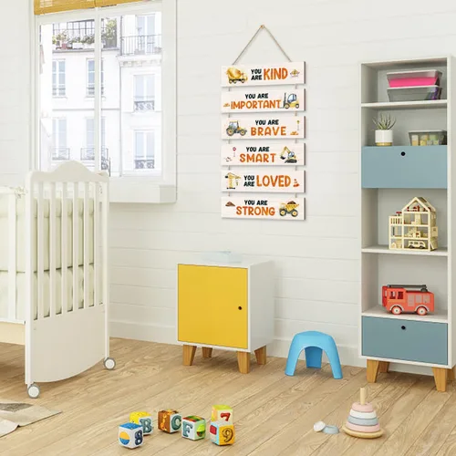 Miniatura 2 de HPNIUB Decoración de habitación de camiones de construcción para niños, con citas inspiradoras positivas, letrero de placa colgante, letrero