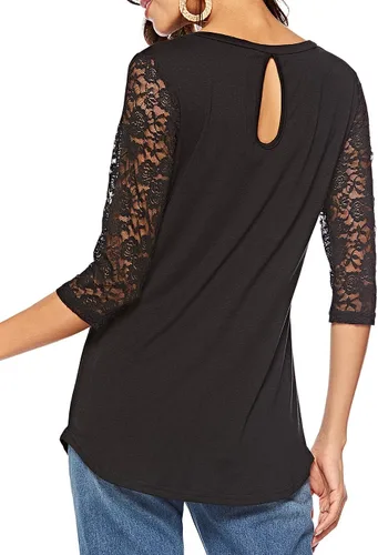 Miniatura 2 de Camiseta de manga de encaje 34 con cuello redondo para mujer, blusas casuales tipo túnica
