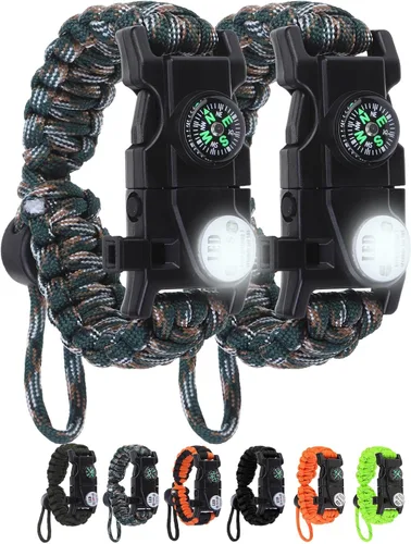 Pulsera de cuerda de paracaídas de supervivencia ajustable, paquete de 2 kits de inicio de fuego de emergencia con silbato fuerte, brújula, luz de