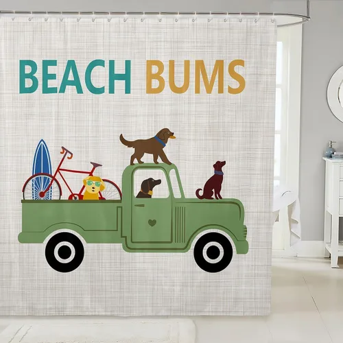 Homewish Cortina de ducha con diseño de perros, juego de cortina de ducha de automóvil verde para niños y adultos, cortina de baño de verano para