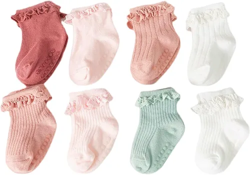 Calcetines antideslizantes para niñas pequeñas, diseño de volantes antideslizantes con empuñaduras para bebés de 0 a 3 años (paquete de 8)
