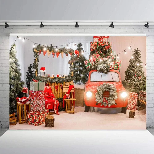Miniatura 2 de MEHOFOND Árbol de Navidad de invierno de 8 x 6 pies, regalo de automóvil rojo, guirnalda de pino verde claro, guirnalda de pino verde claro