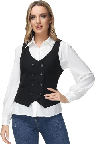 Miniatura 2 de KANCY KOLE Chalecos de moda con doble botonadura para mujer, chaleco elegante, casual, versátil, chaleco vintage con botones, tallas S-XXL