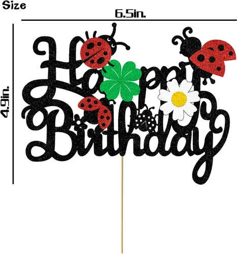 Miniatura 2 de Decoración para tartas de mariquitas, decoración de feliz cumpleaños para niños y niñas, mariquita con purpurina, trébol de margaritas, suministros