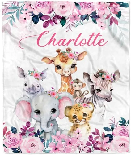 Manta de bebé safari personalizada con nombre personalizado para niñas, hija recién nacida, nieta, sobrina, cumpleaños, manta de forro polar de