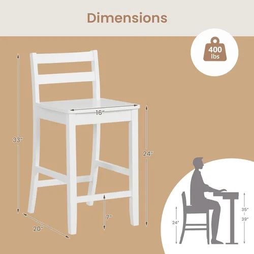 Miniatura 3 de COSTWAY Juego de 2 taburetes de bar de madera, taburetes de altura de mostrador de 24 pulgadas con respaldo ergonómico y reposapiés, sillas de Blanco