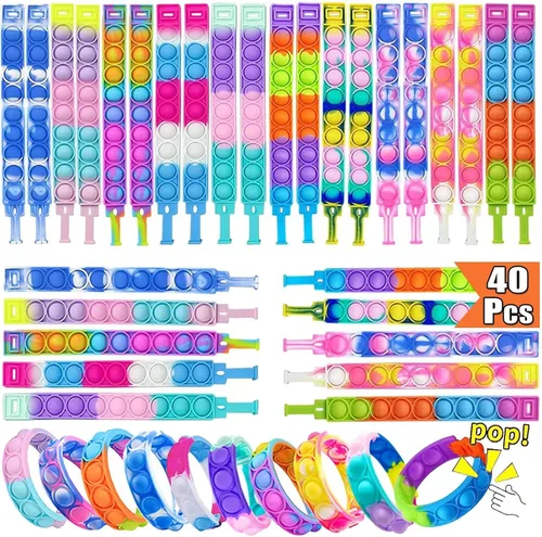 40 pulseras de juguetes para ansiedad, recuerdos de fiesta de Navidad, pulseras de burbujas, juguetes sensoriales para aliviar el estrés y la