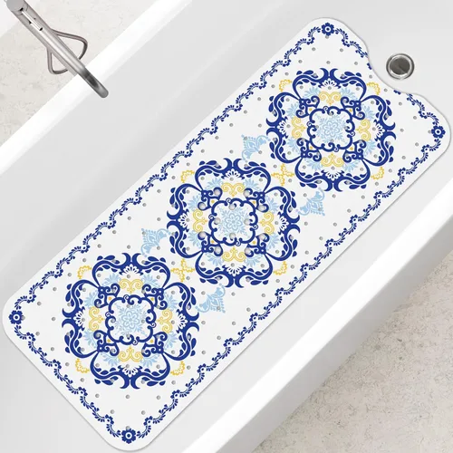 SHUCHING - Alfombra de baño antideslizante azul para bañera de 40 x 16 pulgadas, estilo bohemio | Tapete de bañera para ancianos sin moho, tapete de