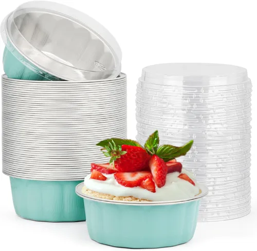 Miniatura 16 de Beasea Ramequines con tapas, 8oz 50 unidades de tazas de aluminio desechables para hornear, tazas de papel de aluminio plateado para creme brulee