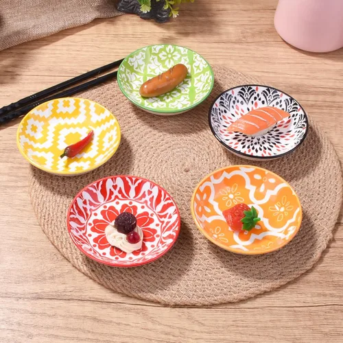 Miniatura 5 de Juego de 5 platos de cerámica para salsas, cuencos pequeños bohemios, coloridos platos geométricos y florales para salsa de soja, aptos