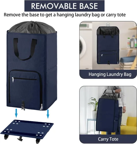 Miniatura 4 de Bukere Cesta de lavandería grande con ruedas, 4 ruedas y 2 asas, bolsa de lavandería con ruedas plegable independiente para ropa, apartamento