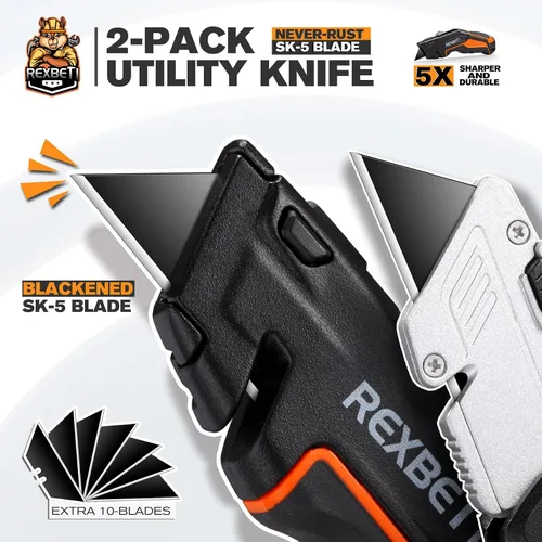 Miniatura 2 de REXBETI SK5 - Paquete de 2 cuchillos utilitarios, cortador de caja retráctil resistente para cajas de cartón, cartón y cajas, diseño