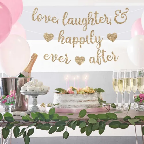 Miniatura 2 de Cartel preencordado con texto en inglés "Love Laughter & Happily Ever After", "No hazlo tú mismo" – Cartel dorado con purpurina para despedida