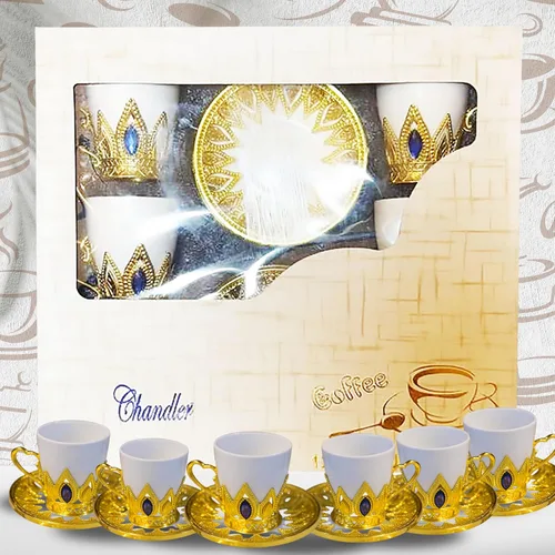 Miniatura 6 de Chandler Juego de tazas de café de porcelana blanca con acento acrílico dorado y gema azul, 6 tazas y 6 platillos, caja de regalo incluida (redonda)