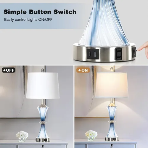 Miniatura 5 de Rinweey - Lámpara de mesa de vidrio azul con puertos USB C+A y salidas de AC, lámpara de noche costera para mesitas de noche, dormitorio, sala
