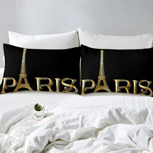 Miniatura 3 de Sábana bajera ajustable de la Torre Eiffel, juego de ropa de cama de construcción de la ciudad de París, juego de sábanas doradas y negras, sábana