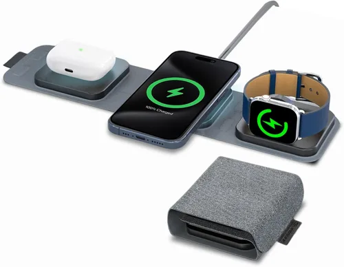Miniatura 2 de Cargador de viaje inalámbrico 3 en 1 para iPhone, Airpods, Apple Watch - 15 W, 5 W, 2.5 W, para reloj de teléfono inteligente, compacto, plegable