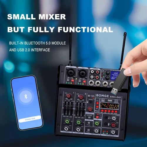 Miniatura 3 de BOMGE 04E mezclador de audio de karaoke, mezclador de 4 canales con micrófono inalámbrico UHF dual de 329 pies, consola de tablero de sonido