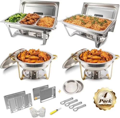 Festa Essential Juego de 4 Platos de Roce para Buffet de Acero Inoxidable 5 QT Redondos y 8 QT Rectangulares, Calentadores de Alimentos con Bandeja