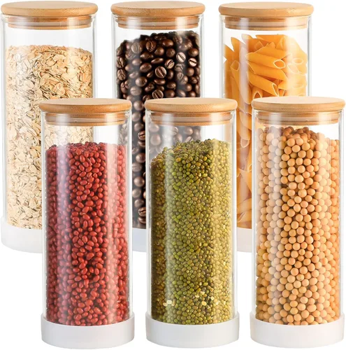Miniatura 13 de TBWIND Contenedores de almacenamiento de vidrio con tapas de bambú, paquete de 7 tarros herméticos de vidrio transparente en tamaños mixtos