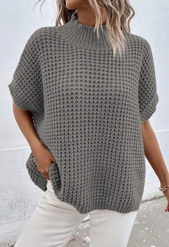 Miniatura 5 de Viottiset Suéter de manga corta de murciélago para mujer, cuello alto falso, suéter de punto sin mangas para otoño