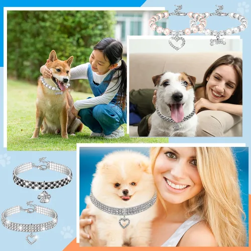Miniatura 6 de Juego de 4 collares de perlas de diamantes de imitación para perro y gato, correa ajustable para el cuello con diamantes de imitación de cristal