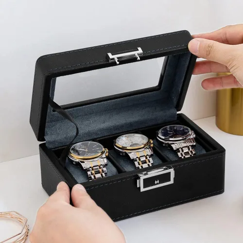 Miniatura 2 de Anyasun Caja de reloj con 3 ranuras, organizador de vitrina, caja de almacenamiento de reloj con tapa de vidrio para hombres y mujeres