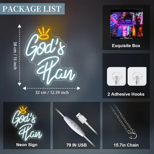 Miniatura 2 de WLHOPE Letrero de neón del Plan de Dios Letreros de neón LED blancos para decoración de pared, letreros de neón de Dios con alimentación USB
