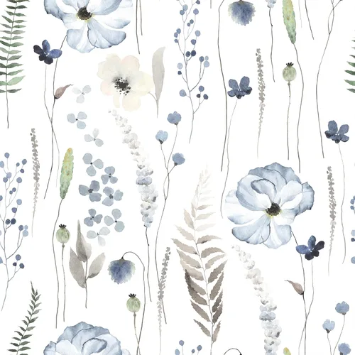 VEELIKE Papel tapiz floral azul de acuarela para despegar y pegar, papel tapiz botánico de helecho bohemio para dormitorio, baño, guardería, 17.7 x