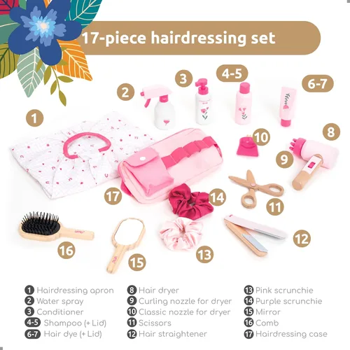 Miniatura 6 de UMU® Juego de peluquería de madera – 17 piezas de juguete de peluquería con secador de pelo, alisador, peine de espejo y accesorios – Diseño
