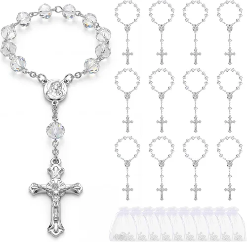 Miniatura 8 de Yinkin 30 piezas de rosario de bautizo, mini rosarios católicos, recuerdos de bautizo para invitados, recuerdos de fiesta, cuentas de rosario 30